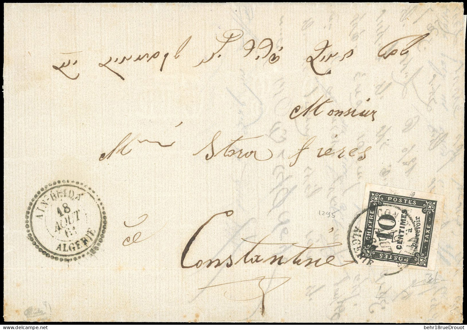 Obl. 2 - Timbres-Taxe. AIN-BEIDA. Lettre Manuscrite Frappée Du Cachet Perlé D'AIN-BEIDA - ALGERIE Du 18 Août 1861 à Dest - 1849-1876: Klassik