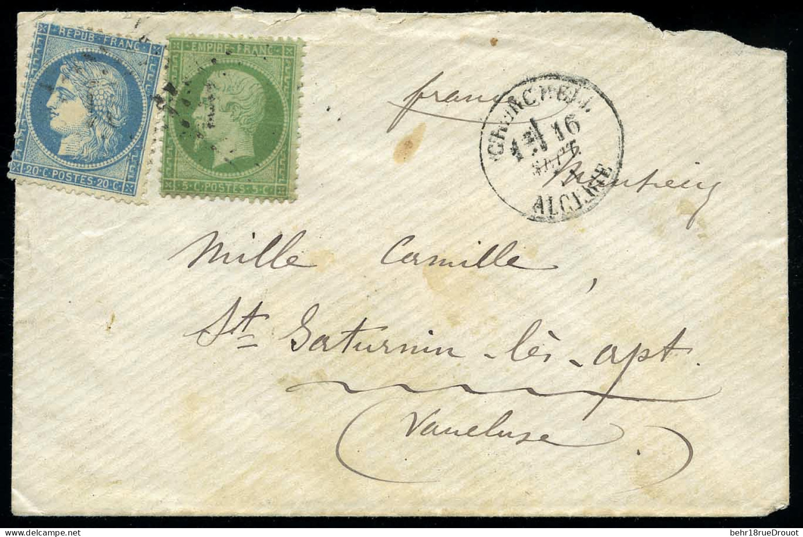 Obl. 37 + 20 - CHERCHELL. 20c. Siège + 5c. Empire Obl. S/lettre Frappée Du CàD De CHERCHELL - ALGERIE Du 16 Septembre 18 - 1849-1876: Classic Period