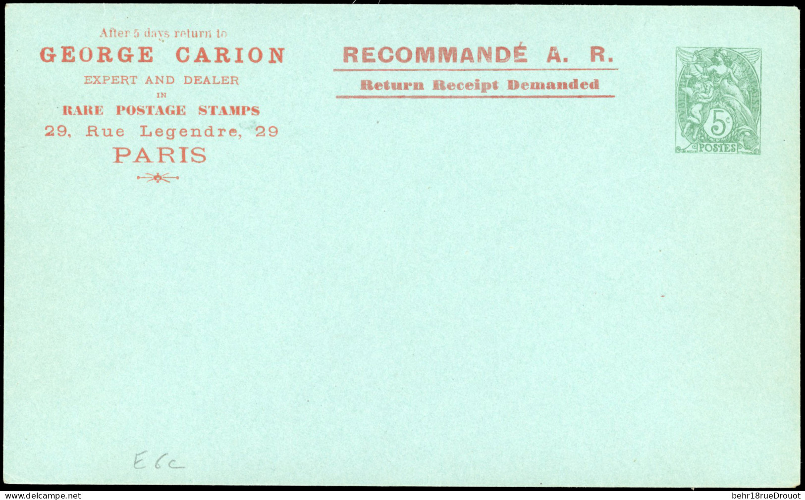 * 111 - 5c. Vert. Type Blanc. Entier Postal De 16.7cm X 10cm Repiqué GEORGE CARION Recommandé AR En Rouge Et En Anglais. - Autres & Non Classés