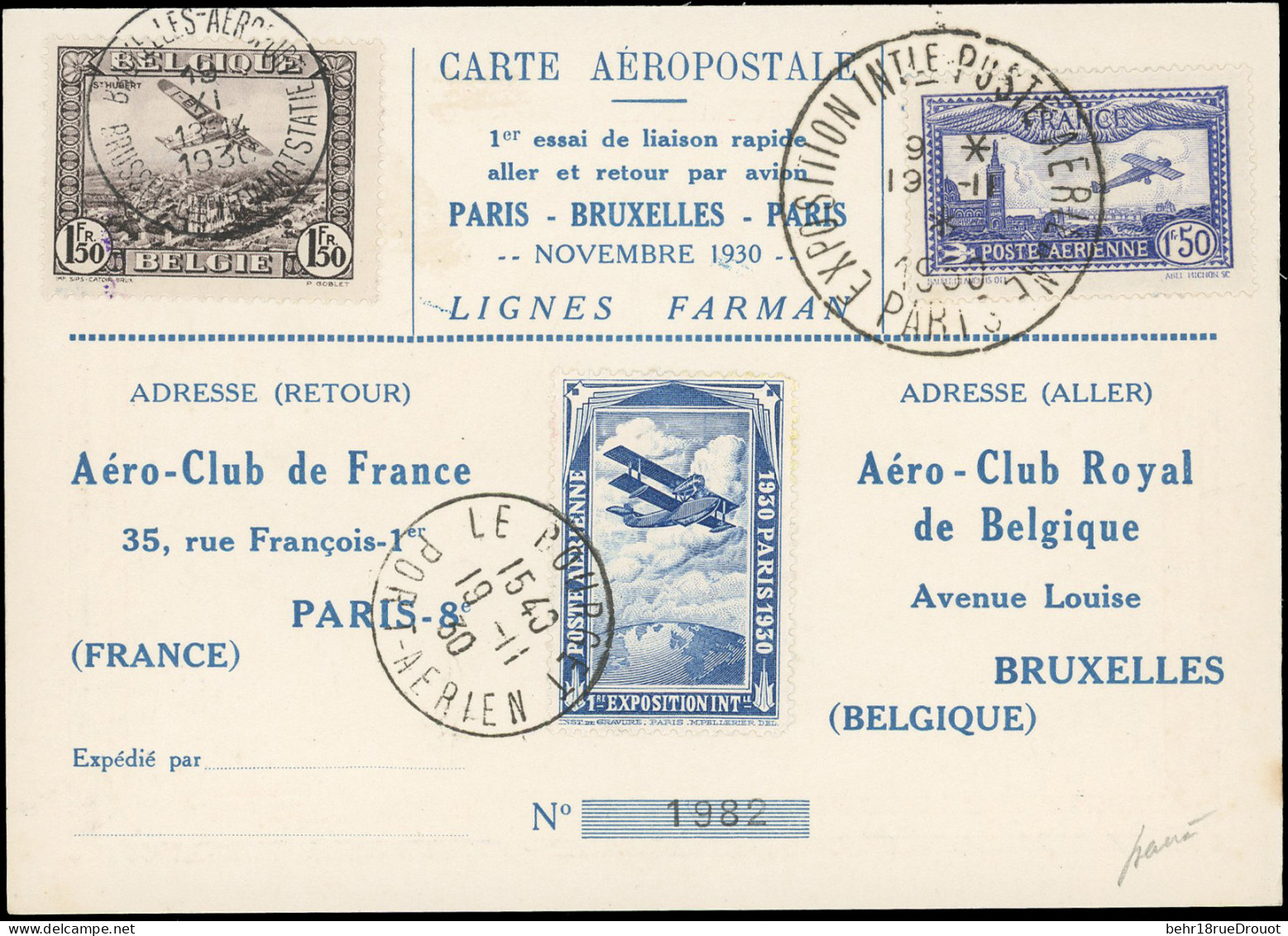 Obl. 6 - 1F.50 Bleu + Vignette De L'exposition En Bleue Obl. S/carte Aéropostale Numérotée Du 1er Essai De Liaison Rapid - Otros & Sin Clasificación