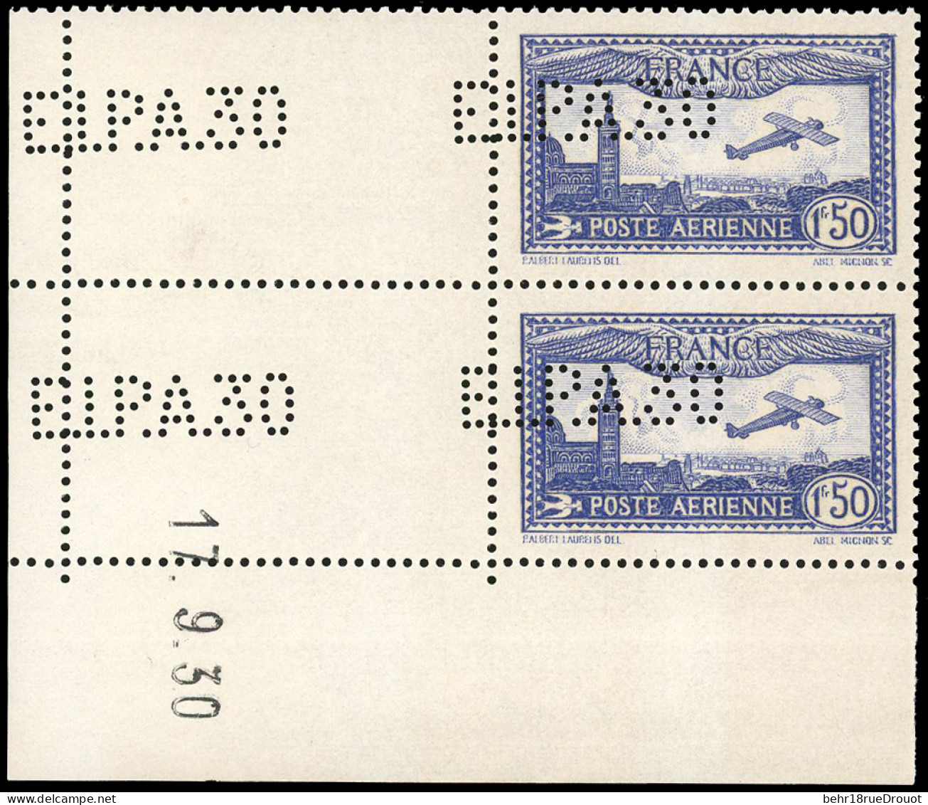 ** 6c - 1F.50 Outremer. Paire Verticale Avec Perforation EIPA30 à Cheval. Coin De Feuille Perforé Et Daté Du 17.9.30. SU - Otros & Sin Clasificación