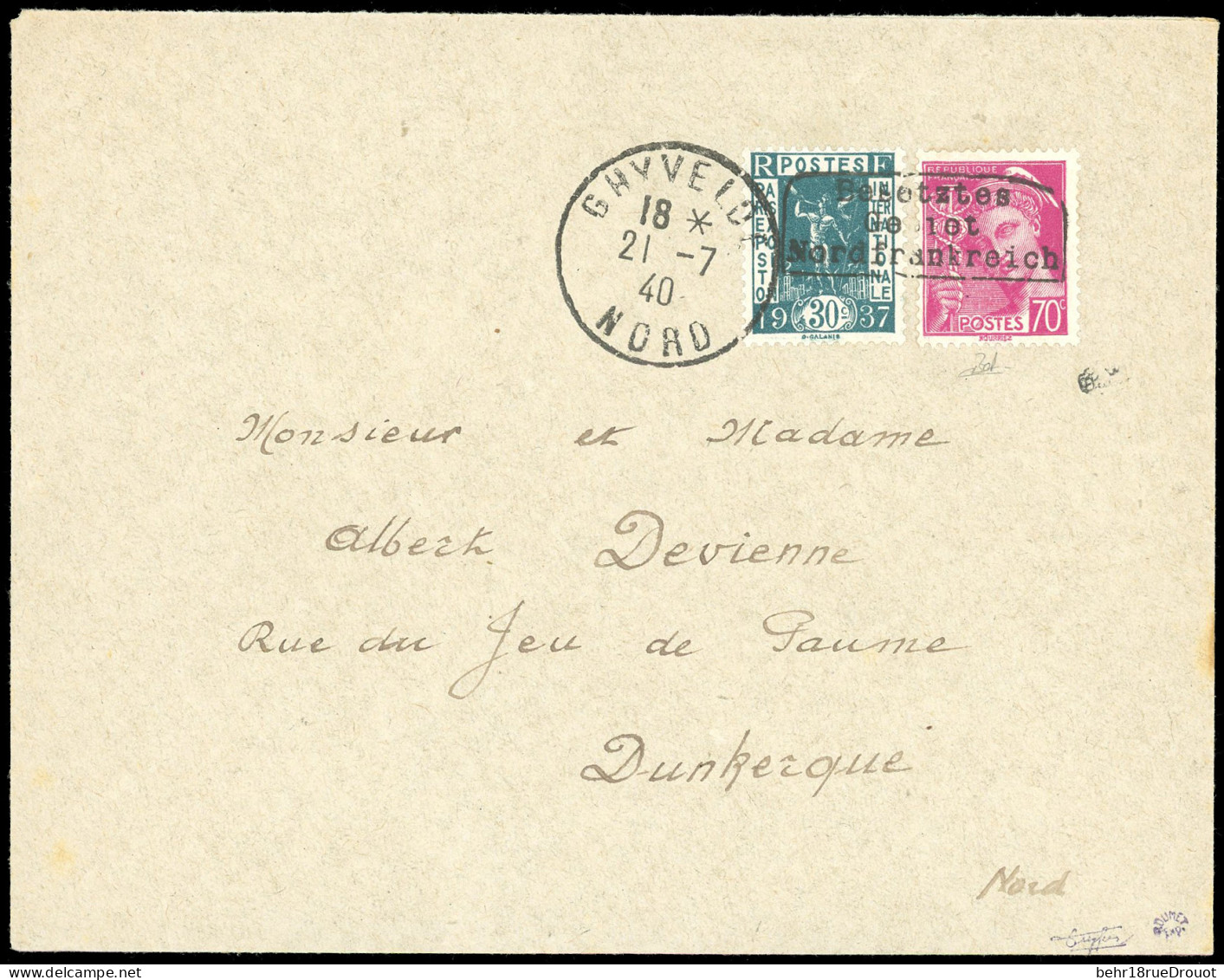 Obl. 323 + 416 - 30c. Vert-bleu + 70c. Lilas-rose Surcharge DUNKERQUE Obl. S/lettre Frappée Du CàD De GHYVELDE Du 21 Jui - Guerre (timbres De)