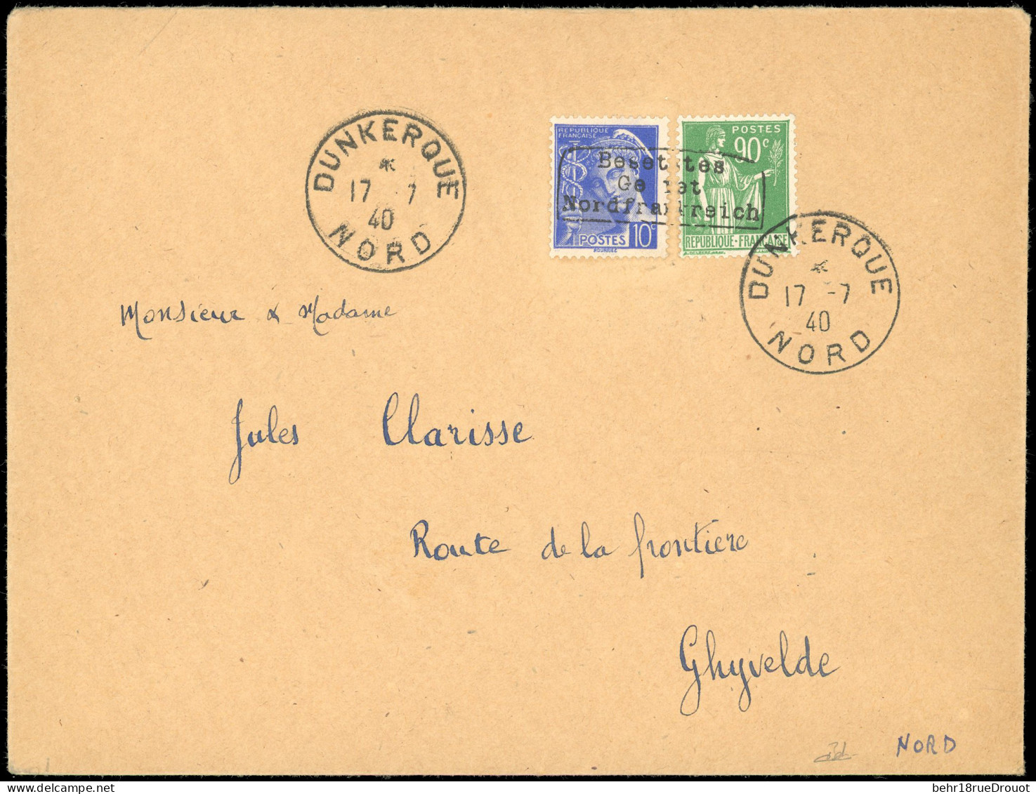 Obl. 367 + 407 - 90c. Vert + 10c. Bleu Obl. S/lettre Frappée Du Cachet De Dunkerque + CàD De DUNKERQUE Du 17 Juillet 194 - Guerre (timbres De)