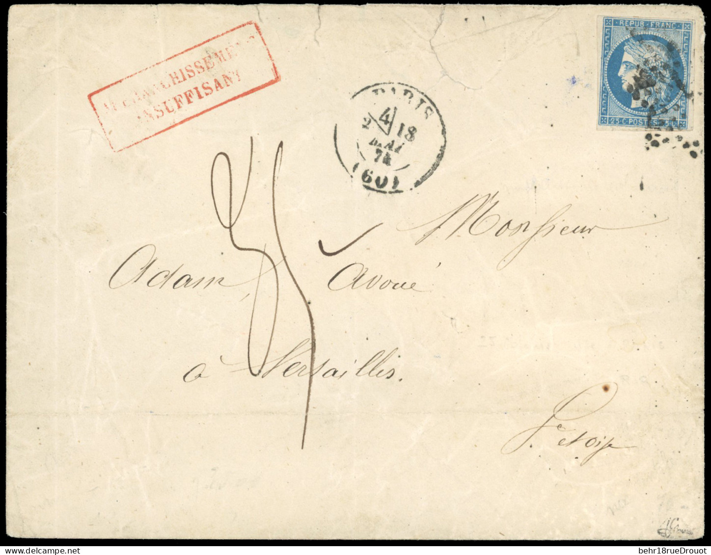 Obl. 23 - 25c. Bleu Obl. étoile S/lettre Frappée Du CàD Avec Section De Levée De PARIS (60) Du 18 Mai 1874 à Destination - Other & Unclassified