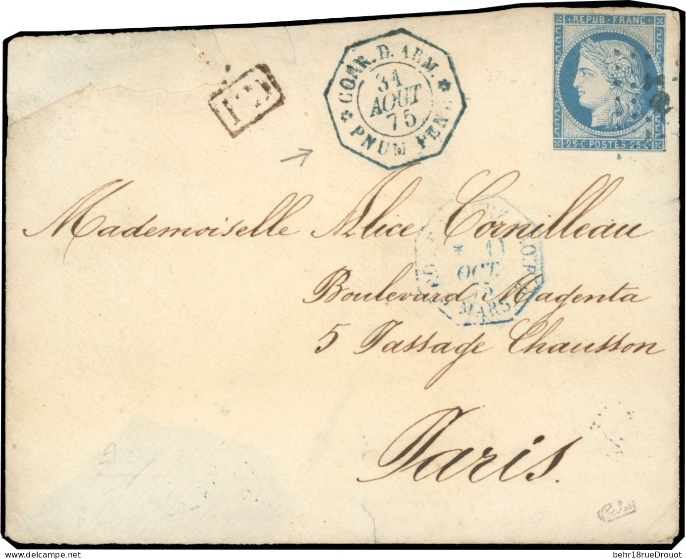 Obl. 23a - 25c. Bleu, Légèrement Touché, S/lettre Obl. ''CCH'' + CàD Octogonal ''CORP D'ARM - PNUM PEN'' Du 31 Août 1875 - Other & Unclassified