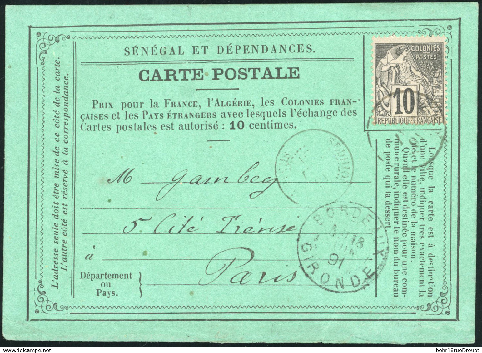 Obl. 50 - 10c. Noir S/lilas Obl. S/carte Postale Du SENEGAL à Destination De PARIS. Cachet De Passage Par SEDHION, De GO - Andere & Zonder Classificatie