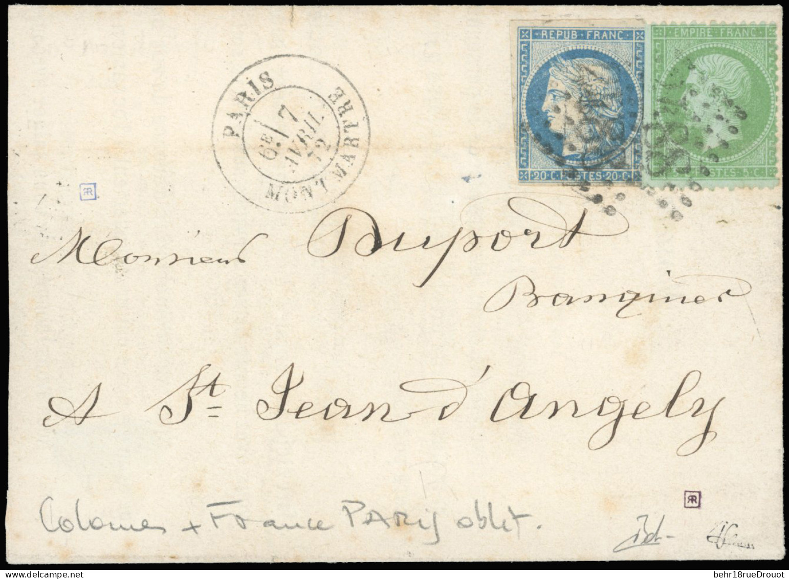 Obl. 12 - Divers. 20c. Bleu (déf.) + France N°35, 5c. Vert Obl. GC 2488 S/lettre Frappée Du CàD De PARIS-MONTMARTRE Du 7 - Autres & Non Classés