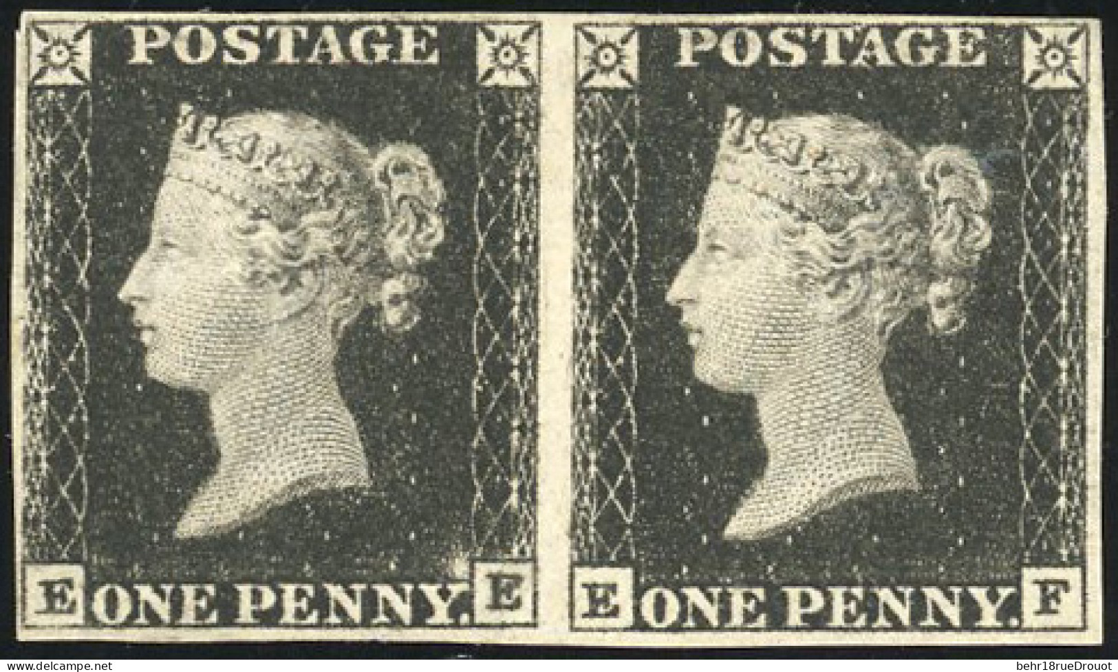 * SG#1 - 1840. 1d. Intense Black. Wmk Small Crown. Imperf. Plate 1a. Horizontal Pair Lettered EE-EF (SG 1, Spec AS1). Un - Other & Unclassified