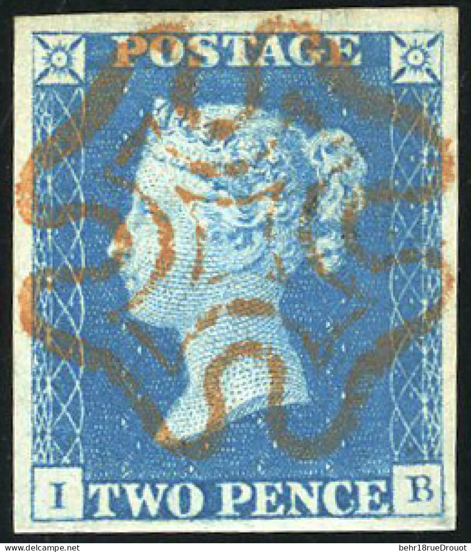 Obl. SG#4 - 1840. 2d. Blue. Plate 1. Wmk. Small Crown. Imperf. Lettered I-B. Used And Cancelled By A Complete Orange - R - Other & Unclassified