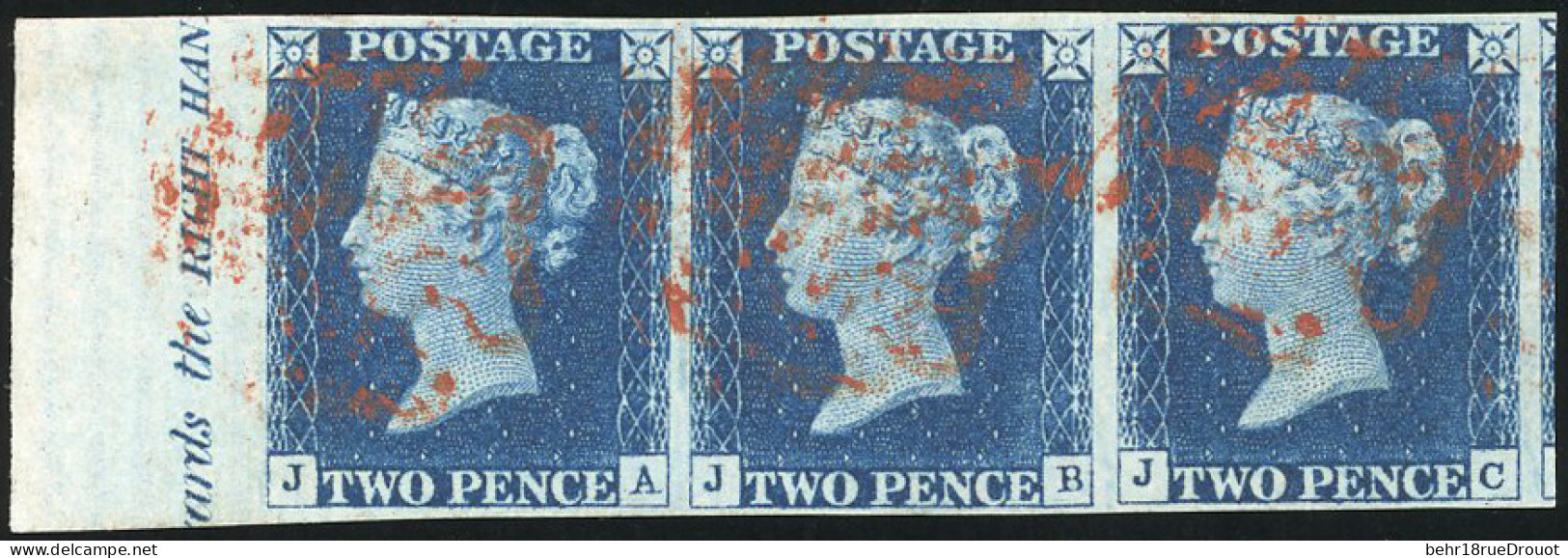 Obl. SG#DS6A - 1840. 2d. Bright Blue. Plate 1. Wmk. Small Crown. Imperf. Horizontal Strip Of Three Lettered JA-JB-JC (SG - Other & Unclassified