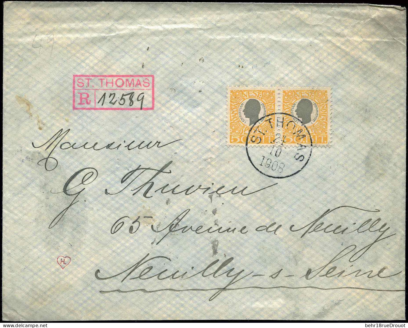 Obl. 32 - Paire Du 50b. Jaune Et Gris, Obl. S/lettre Recommandée Frappée Du CàD ST-THOMAS Du 24 Octobre 1908 à Destinati - Denmark (West Indies)