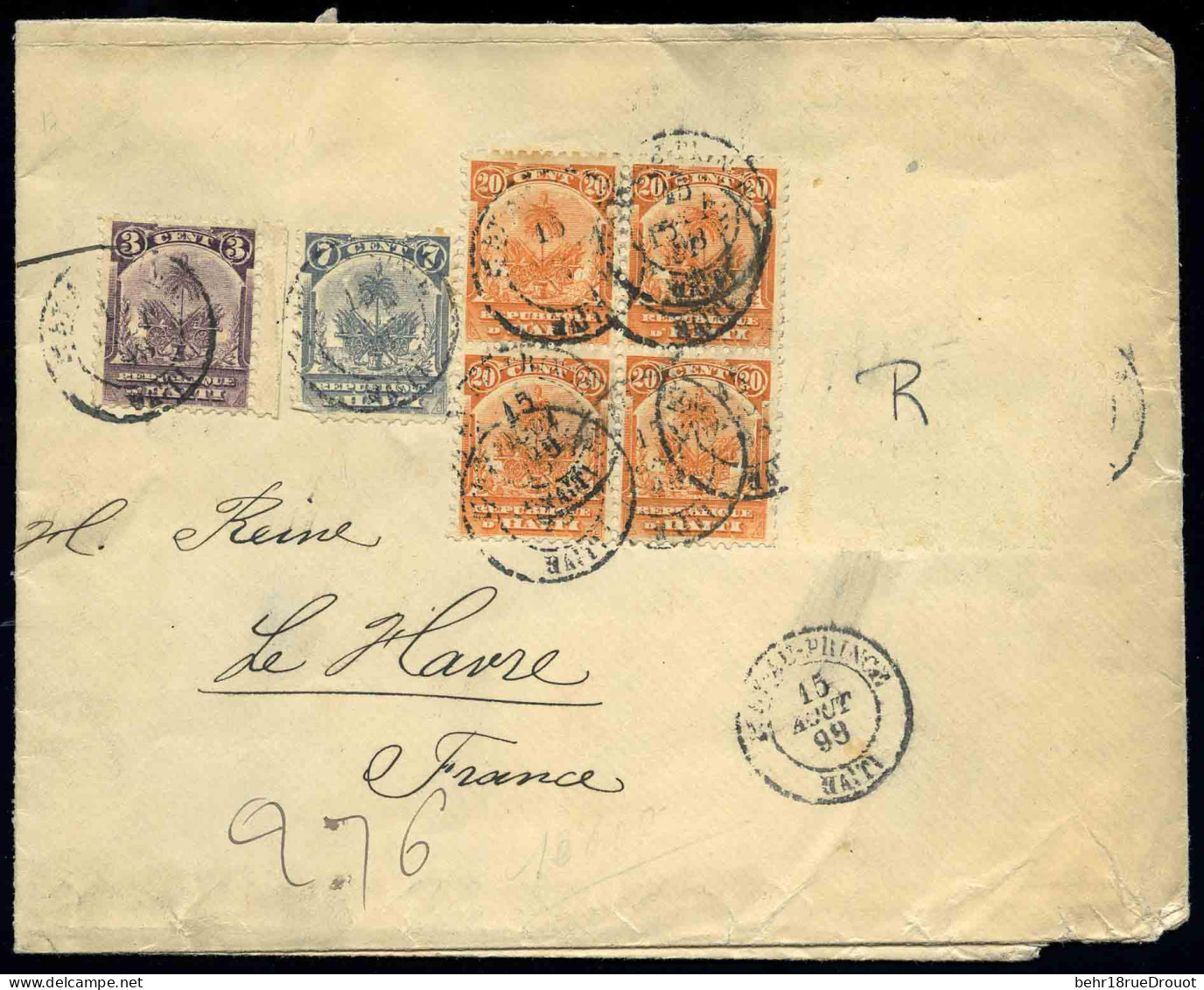 Obl. 41 + 43 + 44 - 3c. Violet-brun + 7c. Gris + 20c. Orange En Bloc De 4, Affranchissement Incomplet, S/lettre Recomman - Haiti