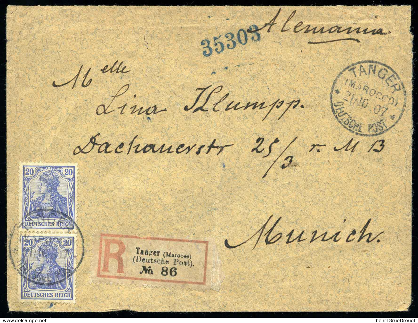 Obl. ALLEMAGNE TP N° 70. 20pf. Paire Obl. TANGER Du 21 Octobre 1907 S/lettre Recommandée à Destination De MUNICH. SUP. - Latvia