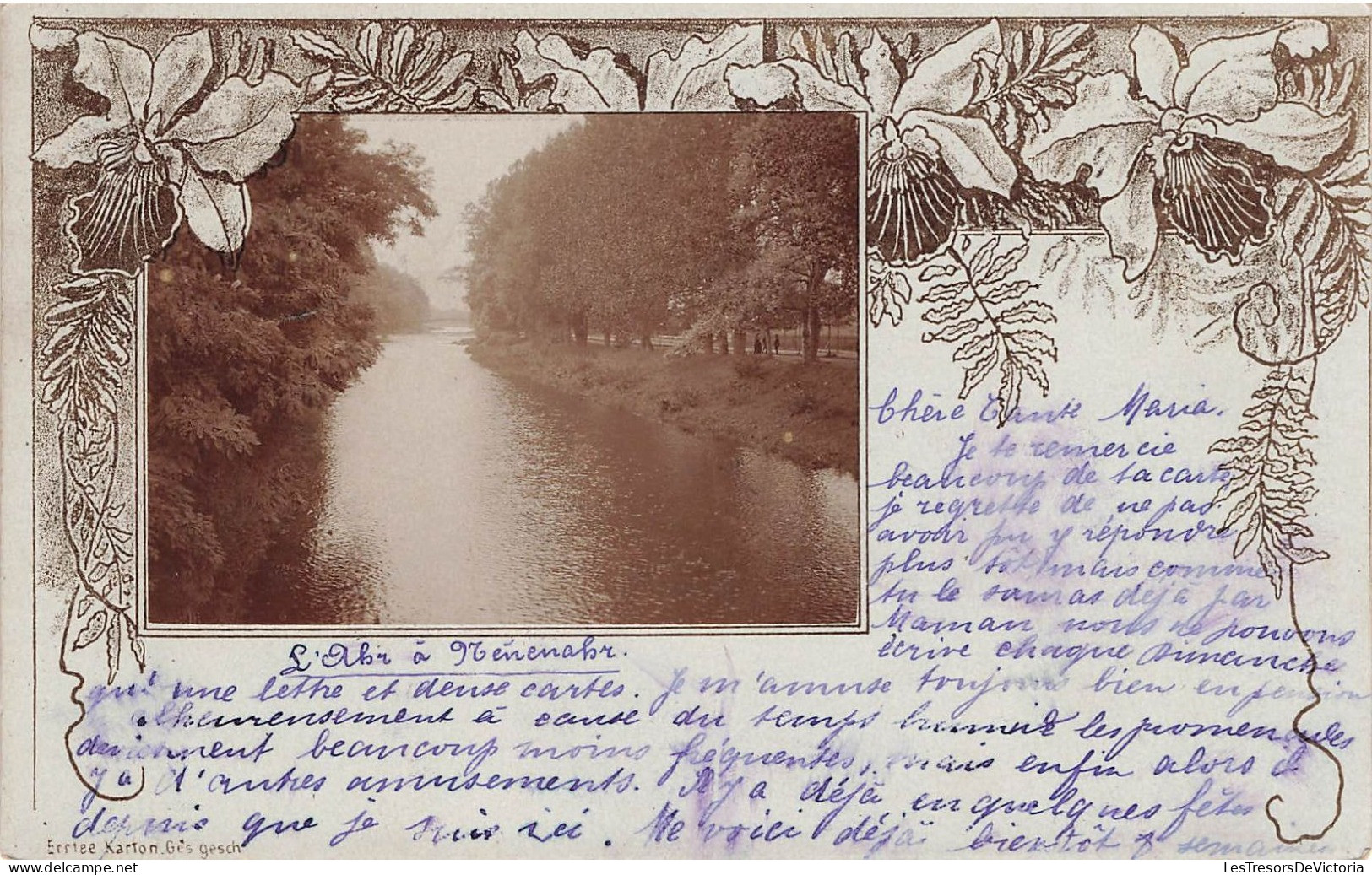 Vue Rivière  Bordée D'arbres - Cadre Fleuri - Carte Postale Ancienne - Other & Unclassified