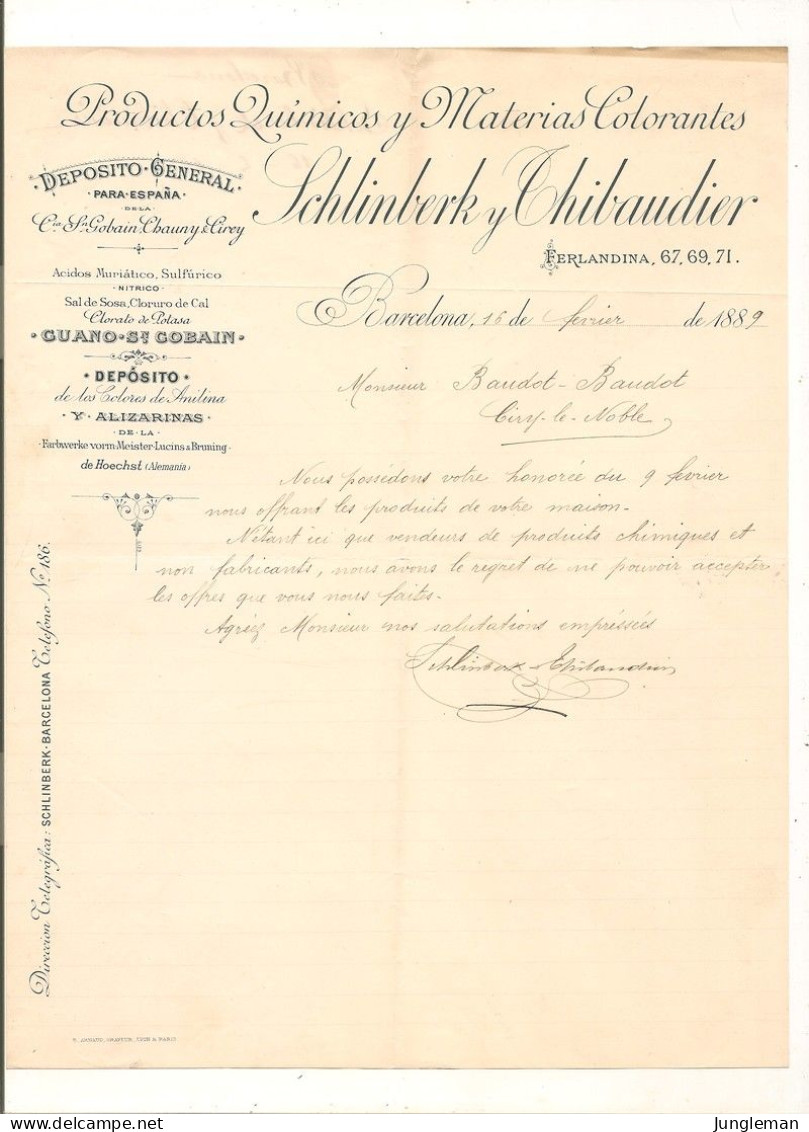 Vieux Papier - Espagne - Barcelona - Productos Químicos Y Materias Colorantes - Schliberg Y Thibaudier - Février 1889 - Spain