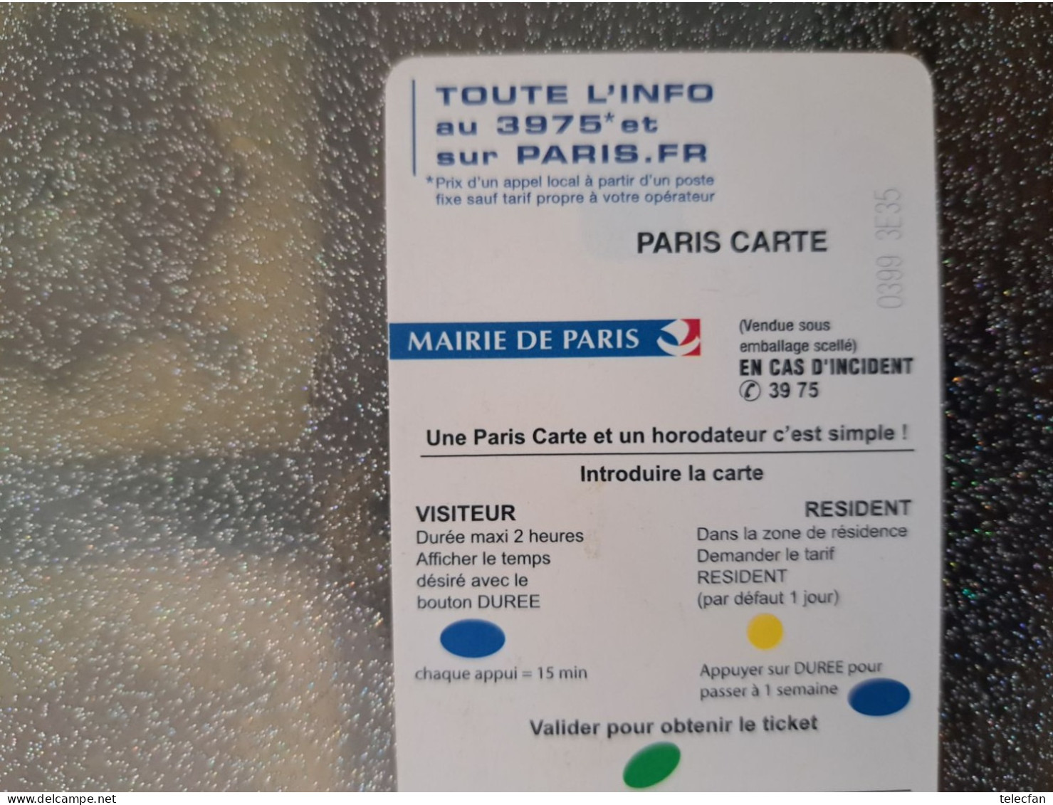 FRANCE CARTE STATIONNEMENT PARIS HANDICAPES 15€ N° 0399 3E35 UT - PIAF Parking Cards