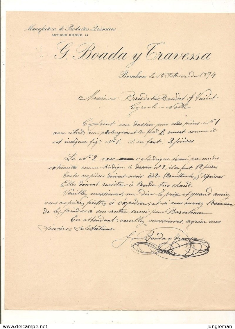 Vieux Papier - Espagne - Barcelona - Manufactura De Productos Quimicos - G. Boada Y Travessa - Février 1894 - Spanien