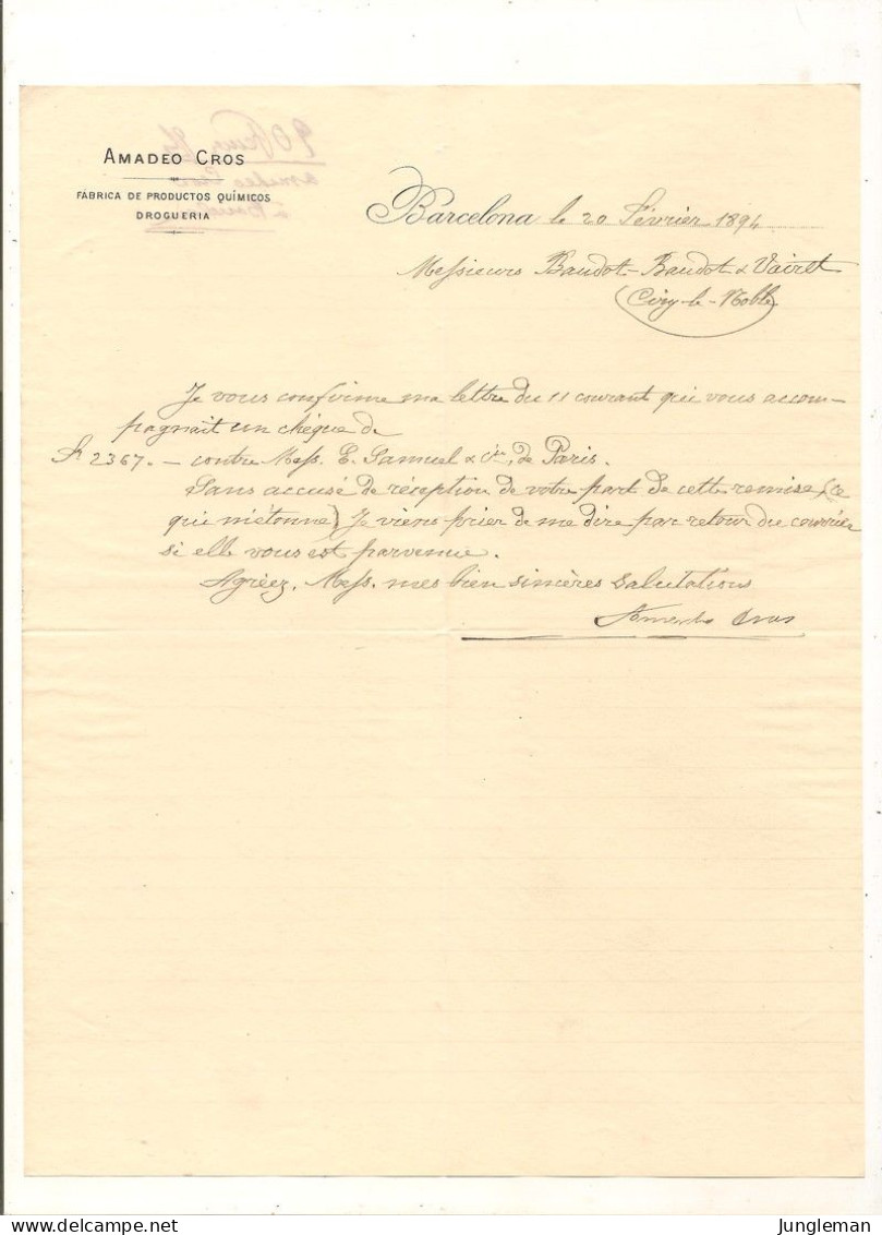 Vieux Papier - Espagne - Barcelona - Fabrica De Productos Quimicos - Drogueria - Amadeo Cros - Février 1894 - España