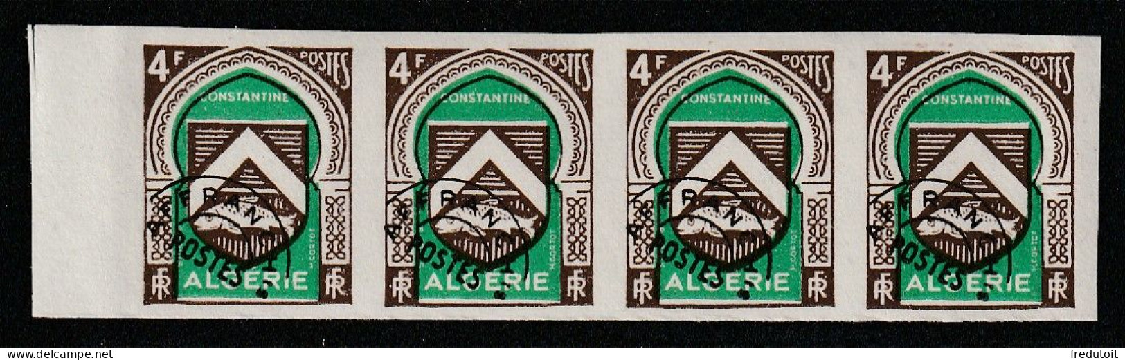 ALGERIE - PREO N°18 En Bande De 4 ** NON DENTELE (1947-58) 4f Sépia Et Vert - Autres & Non Classés