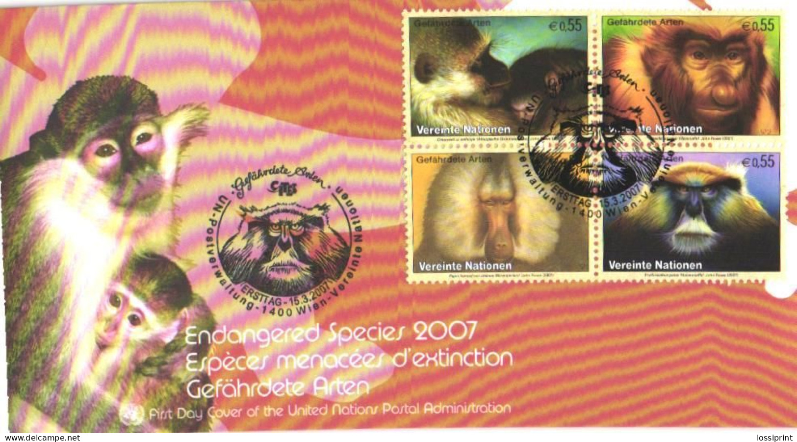 Vereinte Nationen:FDC, Monkeys, Apes, 2007 - Cartas & Documentos