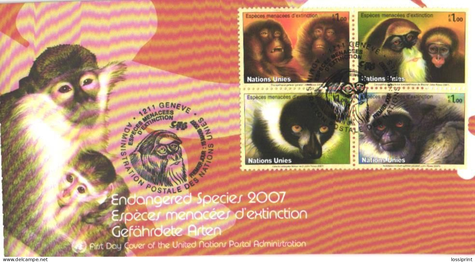 Nation Unies:FDC, Monkeys, Apes, 2007 - Cartas & Documentos