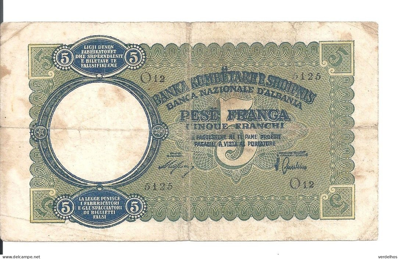 ALBANIE 5 FRANGA ND1939 VF P 6 - Albanie