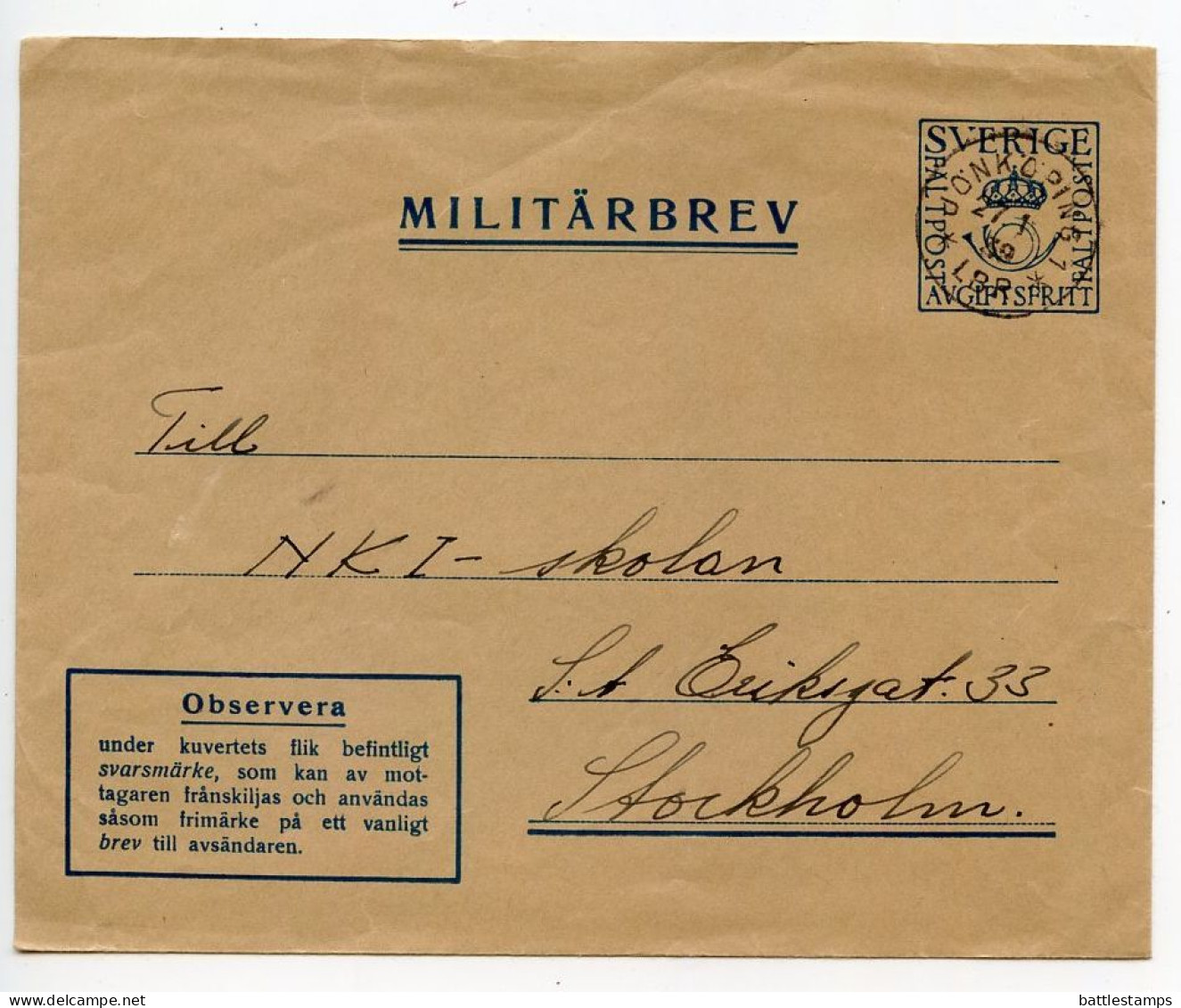 Sweden 1939 Militärbrev / Military Postal Envelope - Jönköping To Stockholm - Militares