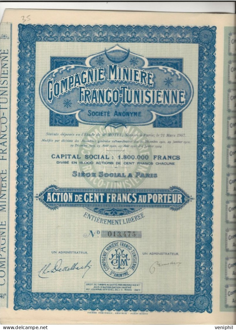 LOT DE 10 ACTIONS  COMPAGNIE MINIERE FRANCO - TUNISIENNE - ACTIONS DE 100 FRS - ANNEE 1924 - Miniere