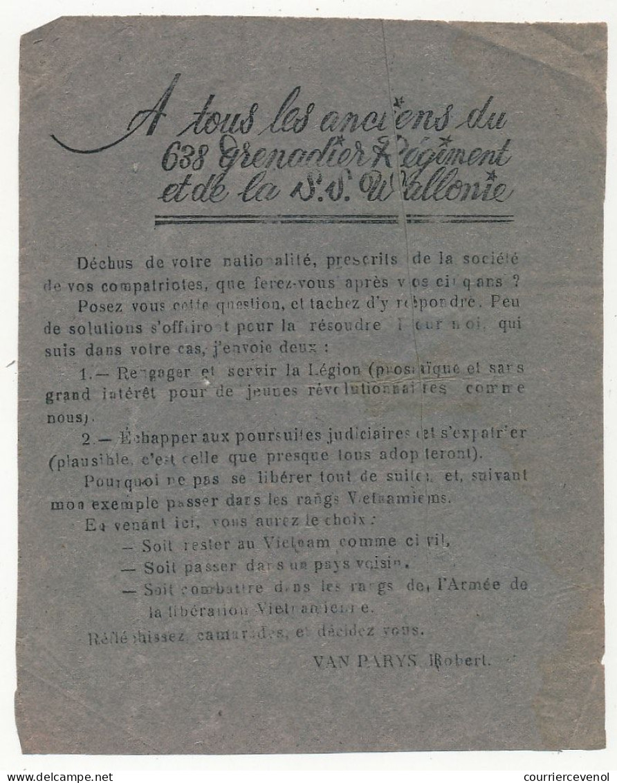 TRACT VIET-MINH "A Tous Les Anciens Du 638 Grenadier Régiment Et De La S.S. Wallonie" ... Déchus De Votre Nationalité... - Documents