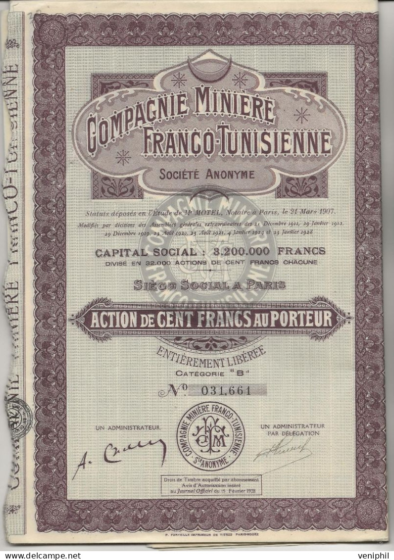 LOT DE 10 ACTIONS  COMPAGNIE MINIERE FRANCO - TUNISIENNE - ACTIONS DE 100 FRS - ANNEE 1928 - Mijnen