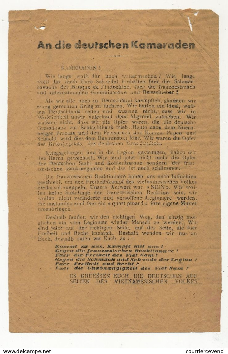 TRACT VIET-MINH "An Die Deutschen Kameraden" - Incitation à Rejoindre Les Rangs Du Viet-Minh, Pour Anciens Légionnaires - Documents