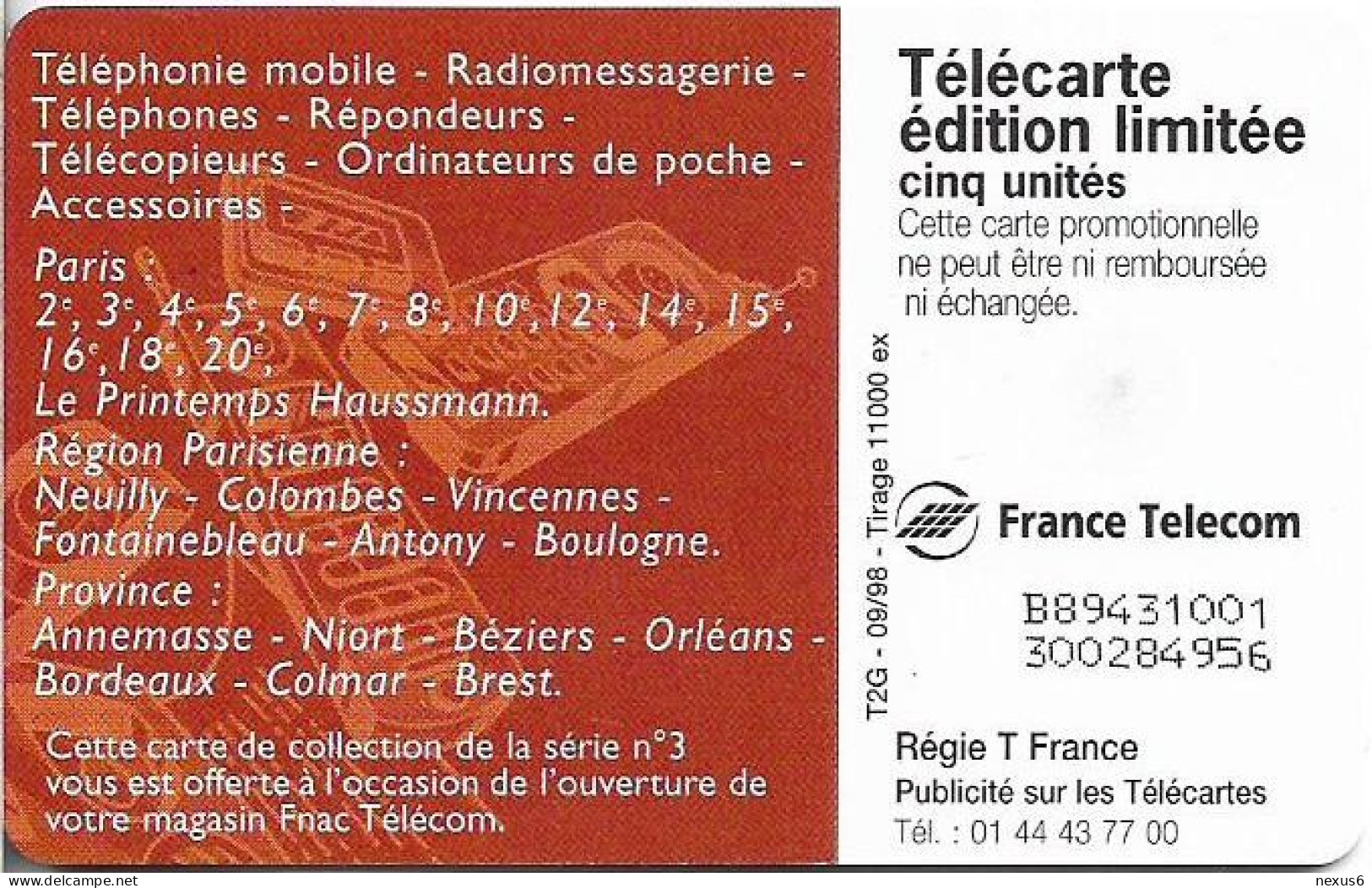 France - Les Cinq Unites - Fnac Telecom - Gn462B - Chip Gem2 White/Gold, 09.1998, 5Units, 11.000ex, Used - 5 Einheiten