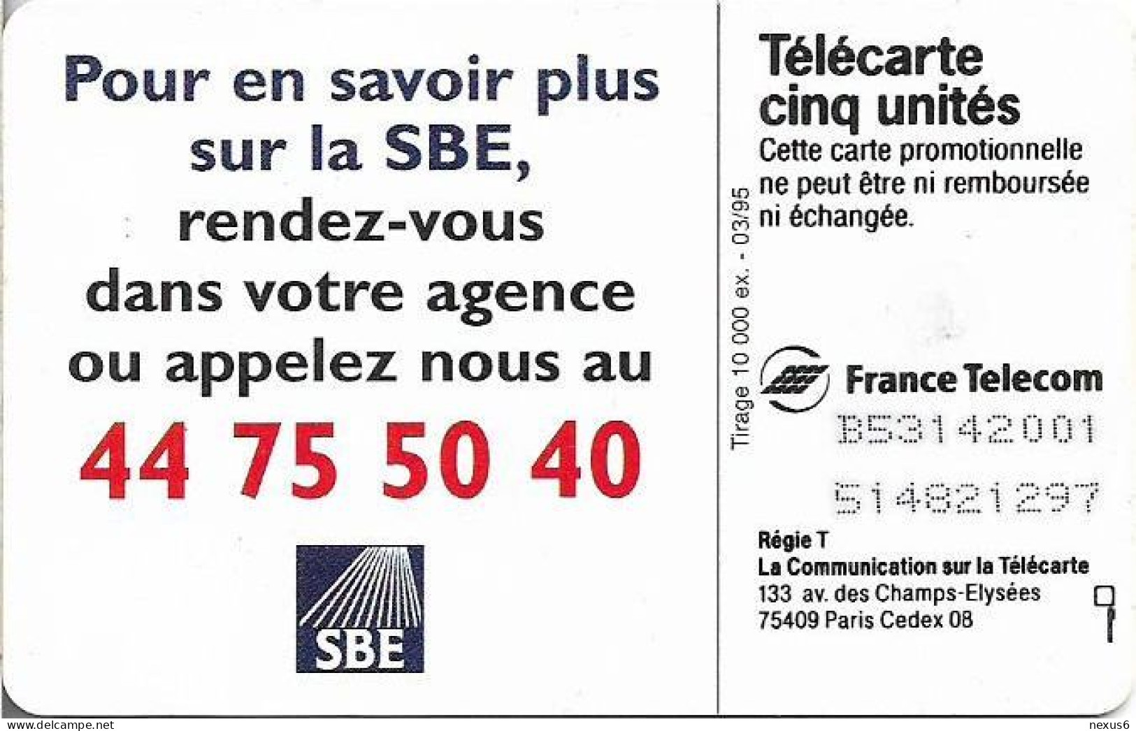 France - Les Cinq Unites - SBE - Gn141 - 03.1995, 5Units, 10.000ex, Used - 5 Units