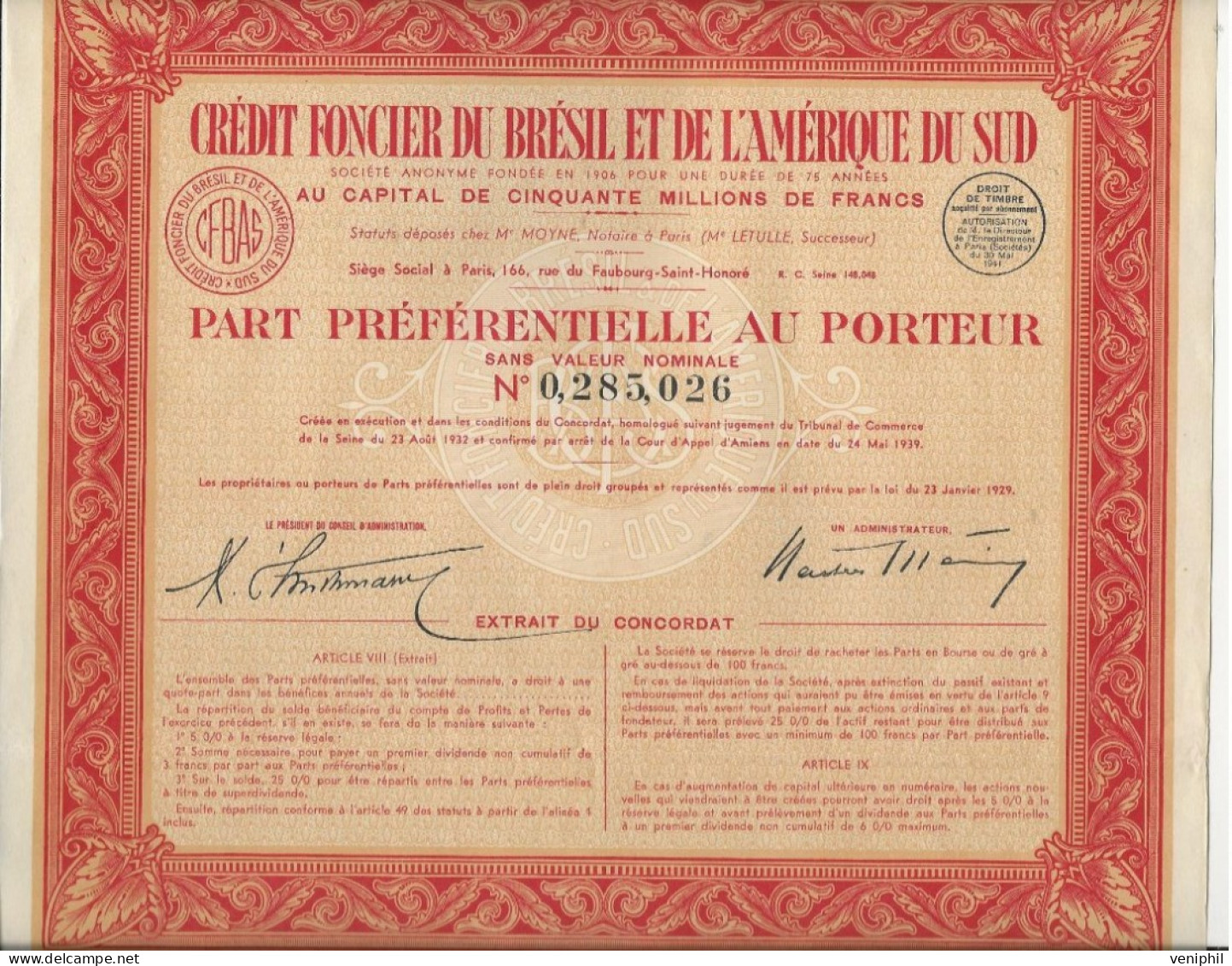 CREDIT FONCIER DU BRESIL ET DE L'AMERIQUE DU SUD -  PART PREFERENTIELLE AU PORTEUR  -ANNEE 1929 - Banque & Assurance