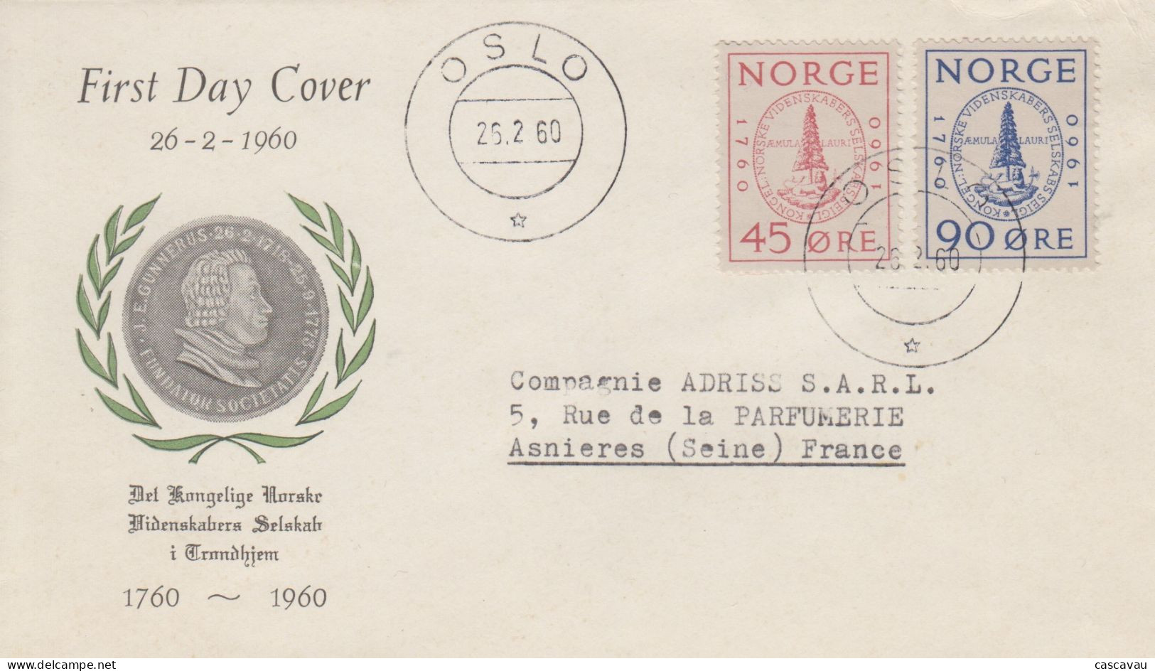 Enveloppe  FDC   1er   Jour   NORVEGE   Bicentenaire  Société  Royale  Des  Sciences  1960 - FDC