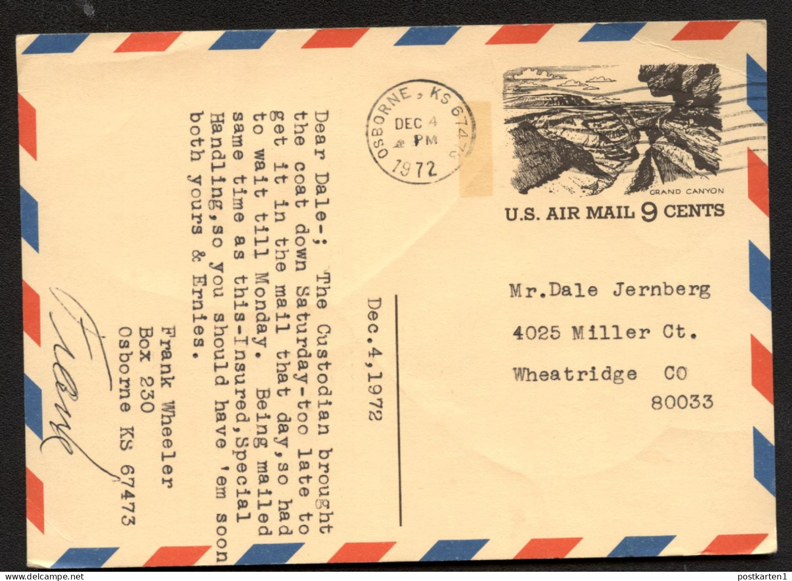 UXC12 Air Mail Postal Card Properly Used Osborne KS 1972 Cat. $65.00 - 1961-80