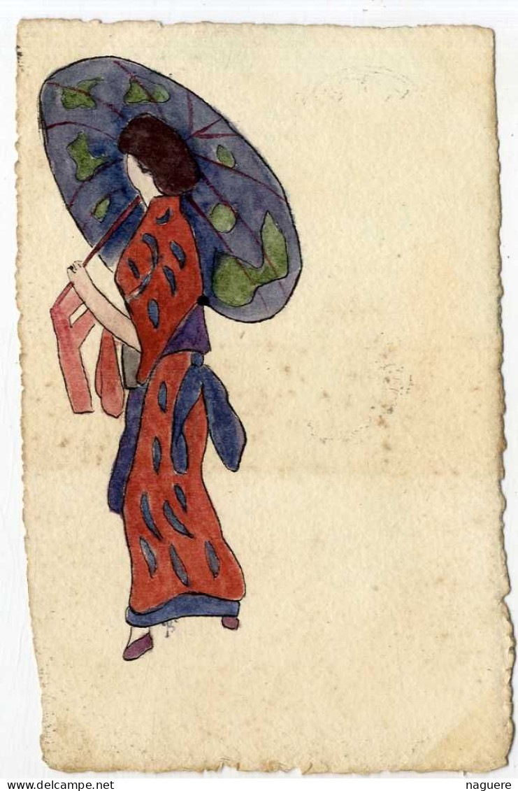 FEMME GEISHIA AVEC UNE OMBRELLE -  AQUARELLE    REALISEE SUR CARTE POSTALE - Wasserfarben