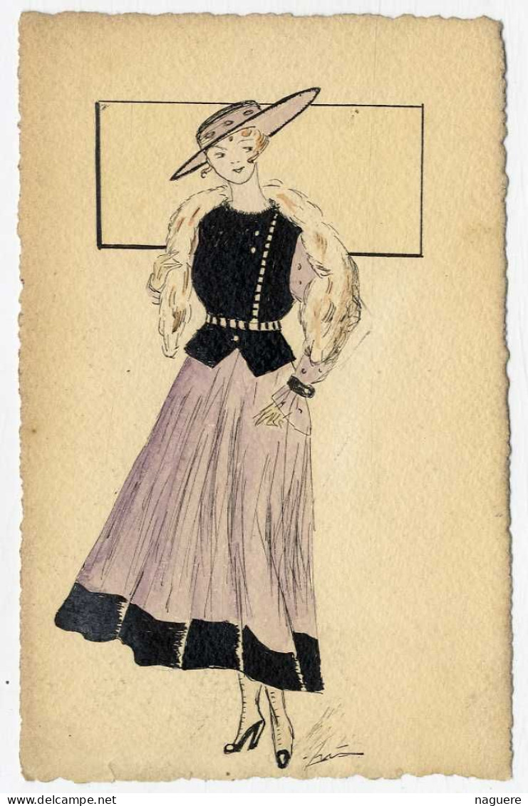 FEMME  AVEC CHAPEAU -  AQUARELLE  REALISEE SUR CARTE POSTALE  SIGNEE - Wasserfarben