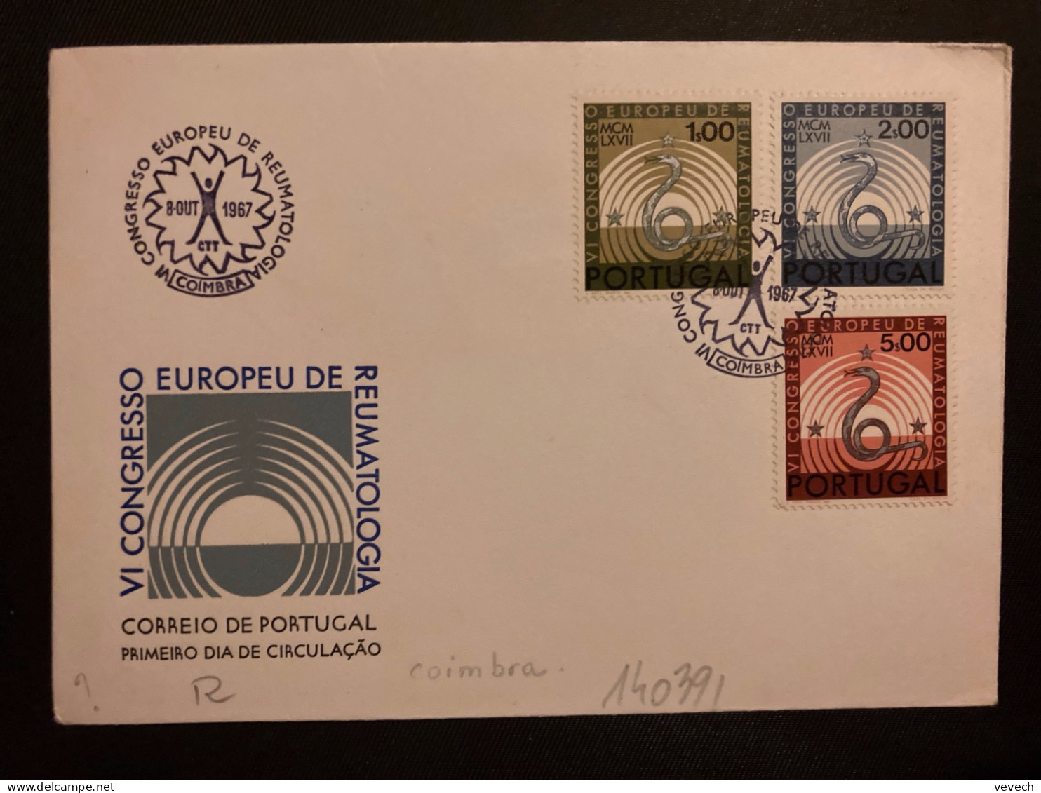 LETTRE TP SERPENT REUMATOLOGIA 1,00 + 2,00 + 5,00 OBL.8 AOUT 1967 COIMBRA - Storia Postale