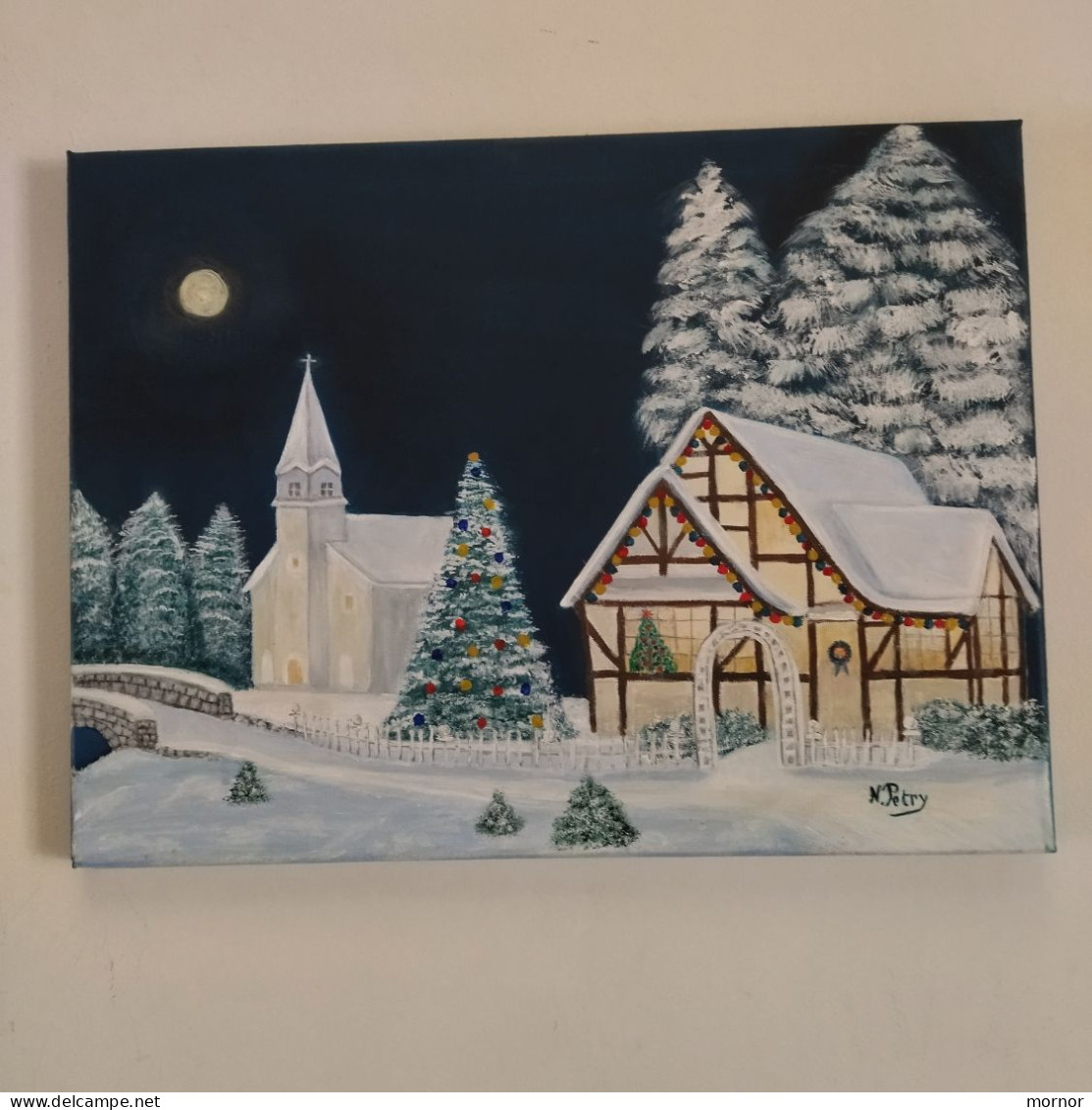 TABLEAU Paysage De Neige  Église Chalet Peinture Acrylique Sur Toile Signé N.Petry - Acryl