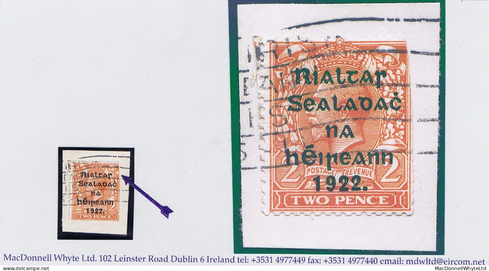 Ireland 1922 Harrison Rialtas 5-line Coils, 2d Orange Die 1, With Clear Affixing Machine Cut Used On Piece LEARN IRISH - Gebruikt