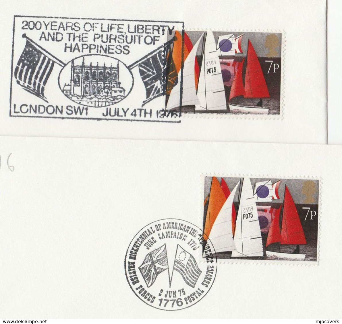 2 Diff 1976 GB US Bicentennial EVENT Covers BRITISH FORCES BFPS 1776 & London LIBERTY FLAG Cover Stamps Usa Independence - Indépendance USA