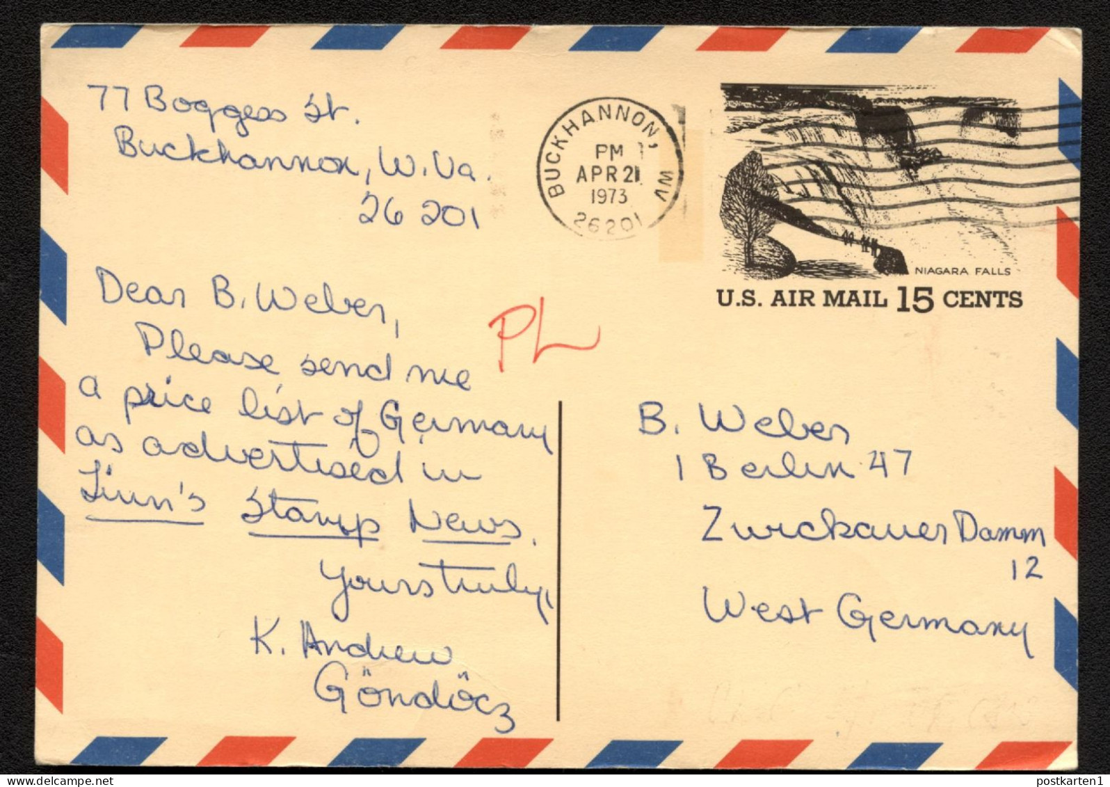UXC13 Air Mail Postal Card Properly Used Buckhannon WV To GERMANY 1973 Cat. $65.00 - 1961-80