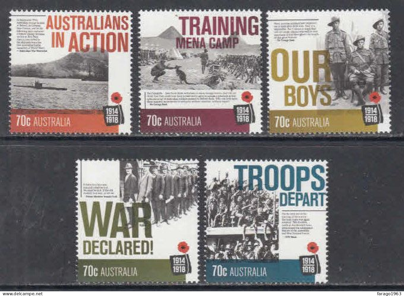2014 Australia WWI Centenary Military History Complete  Set Of 5 MNH  @ BELOW FACE VALUE - Mint Stamps