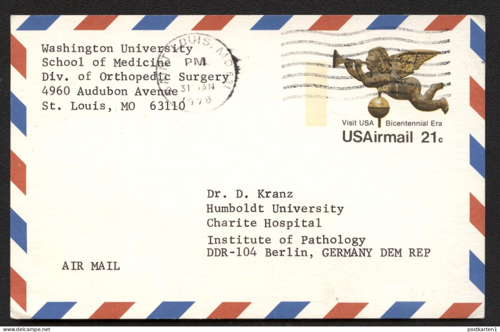 UXC16 Air Mail Postal Card Nonphilatelic St.Louis MO To EAST GERMANY 1978 Cat. $38.00 - 1961-80