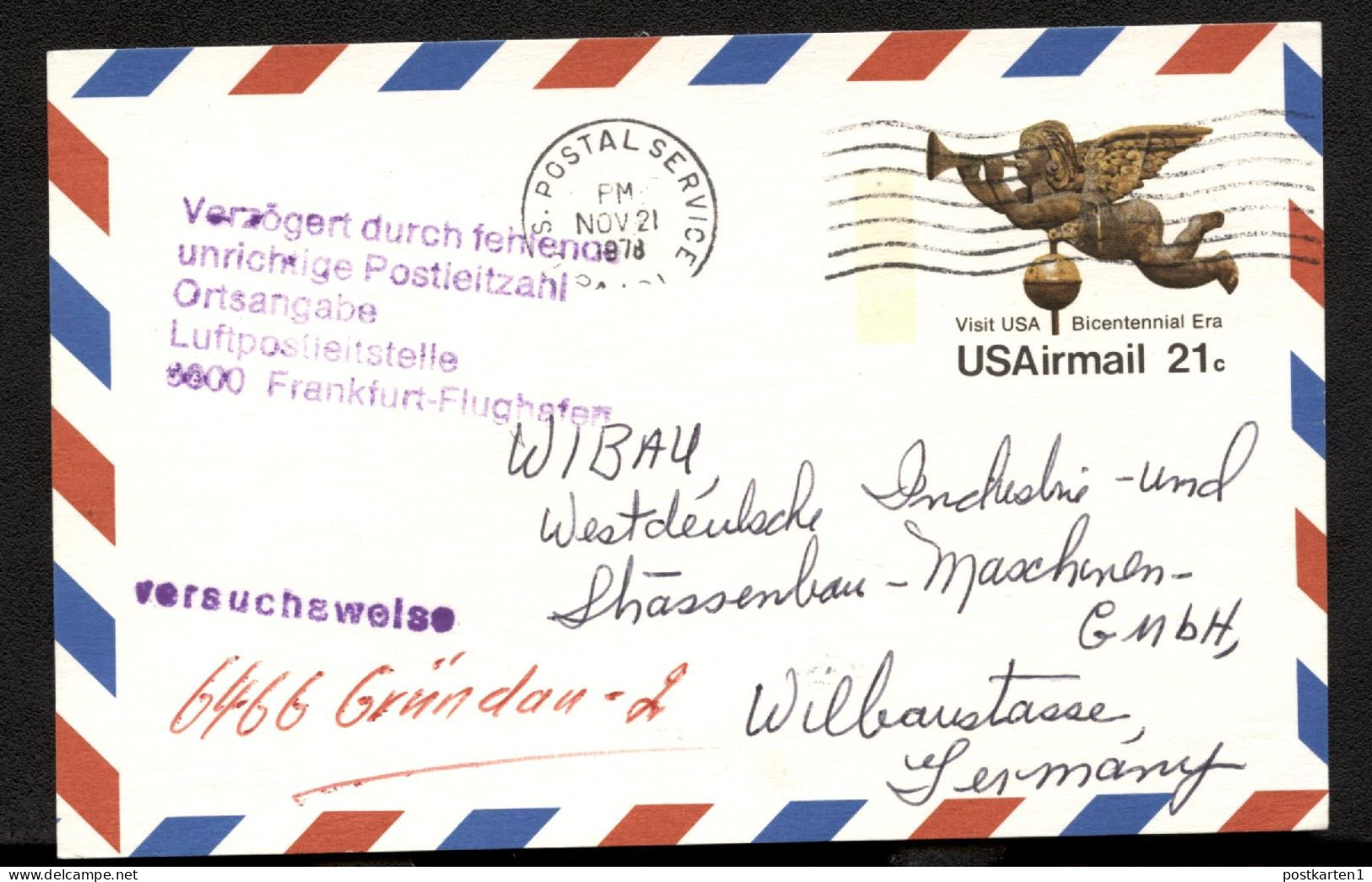 UXC16 Air Mail Postal Card Nonphilatelic Jenkintown PA To Germany DELAYED 1978 - 1961-80