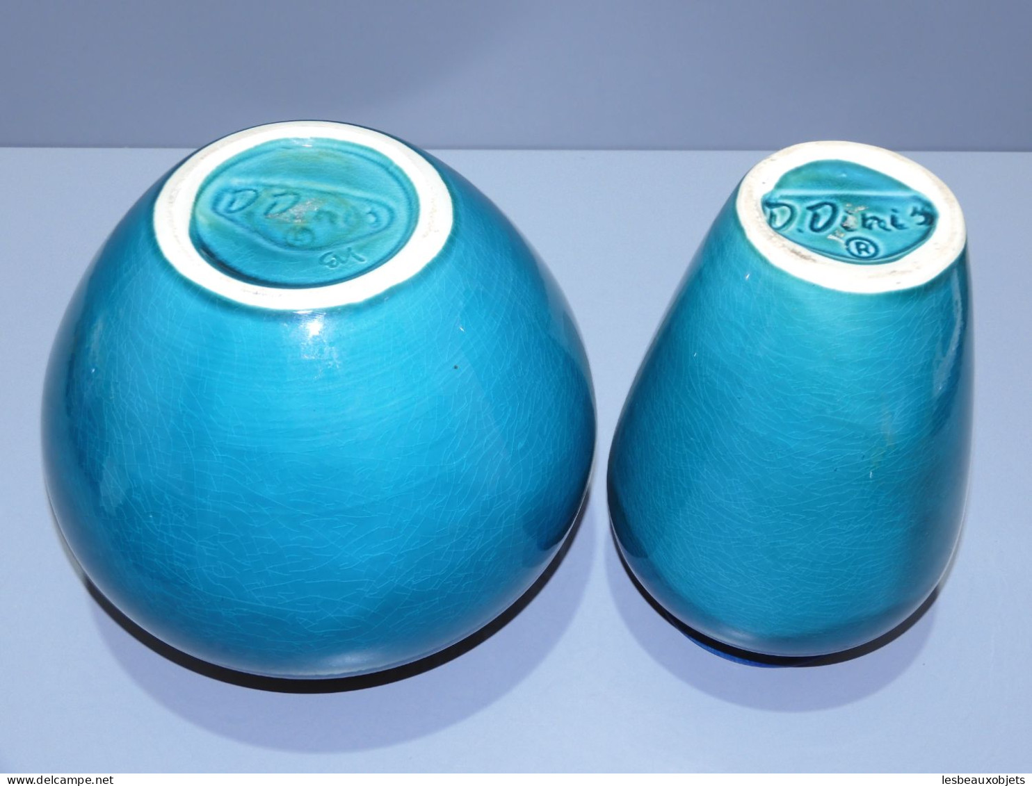 -2 VASES CERAMIQUE VINTAGE 1970 Signés DINIS PORTUGAL Dégradé De Vert & Bleu   E - Vasen