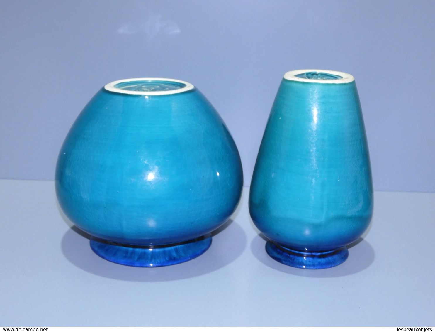 -2 VASES CERAMIQUE VINTAGE 1970 signés DINIS PORTUGAL Dégradé de vert & bleu   E