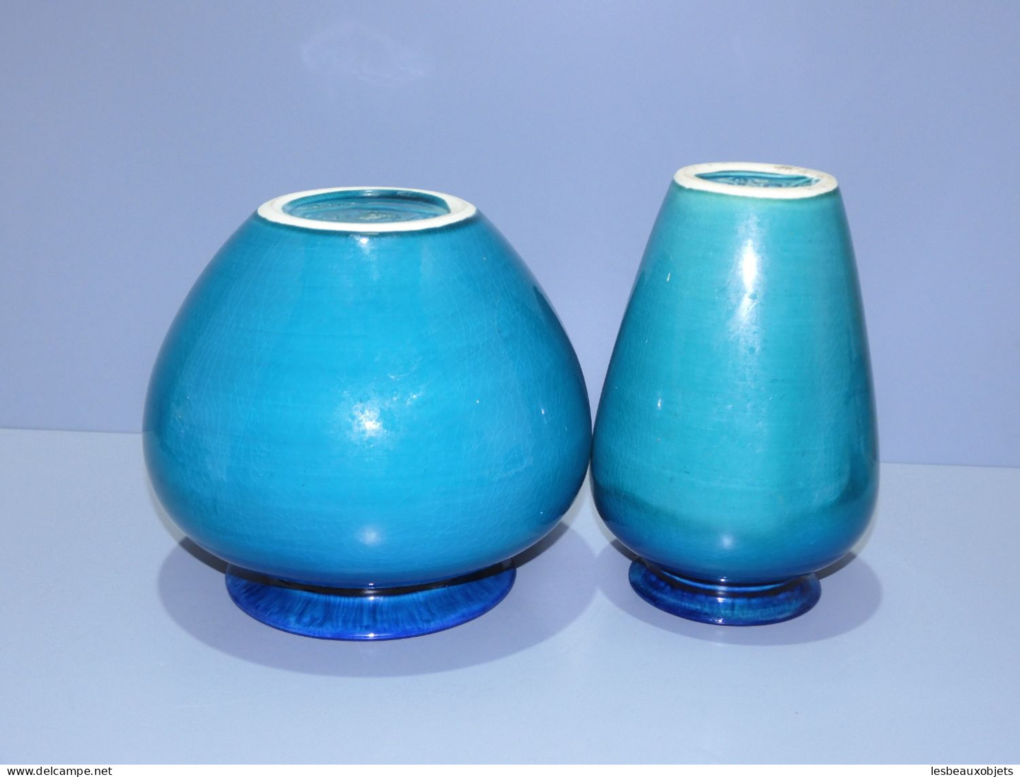 -2 VASES CERAMIQUE VINTAGE 1970 signés DINIS PORTUGAL Dégradé de vert & bleu   E