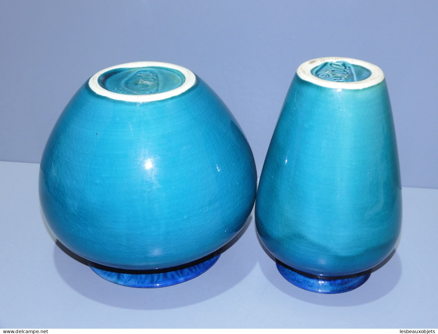 -2 VASES CERAMIQUE VINTAGE 1970 signés DINIS PORTUGAL Dégradé de vert & bleu   E